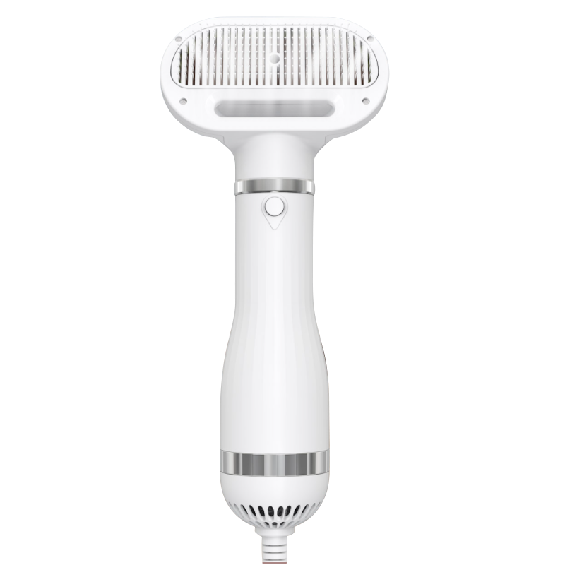 Pet hair dryer with button-operated head, multi-temperature adjustable, one-button hair removal with round beads